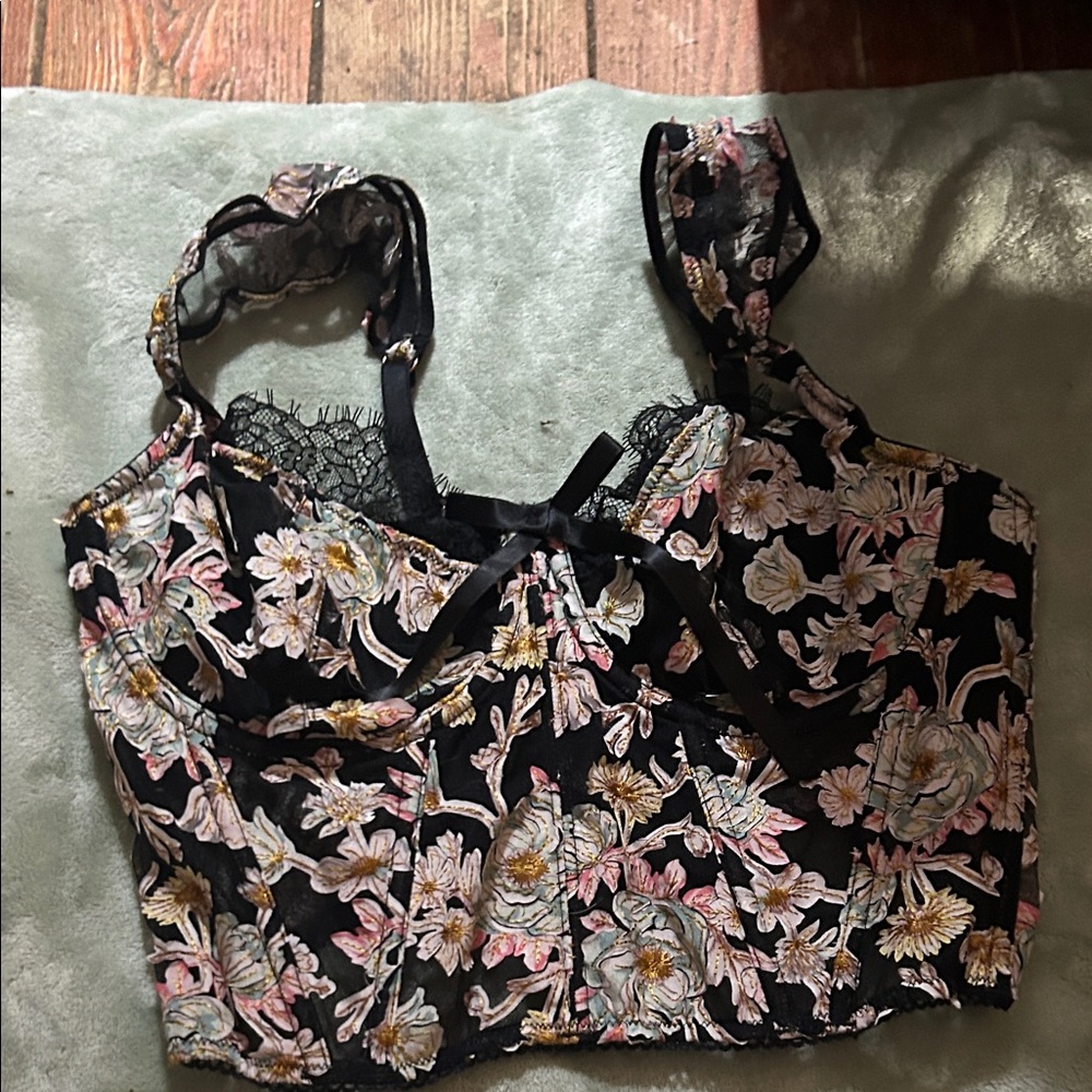 Floral Embroidered Black Corset Top